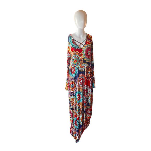 Boho Maxi Dress Women’s 2XL Multicolor Long Sleeve Criss Cross Neck - Picture 1 of 5